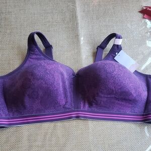 Cacique Purple Lace-Print Sport Wireless Bra with Pink Stripe Band 50DD